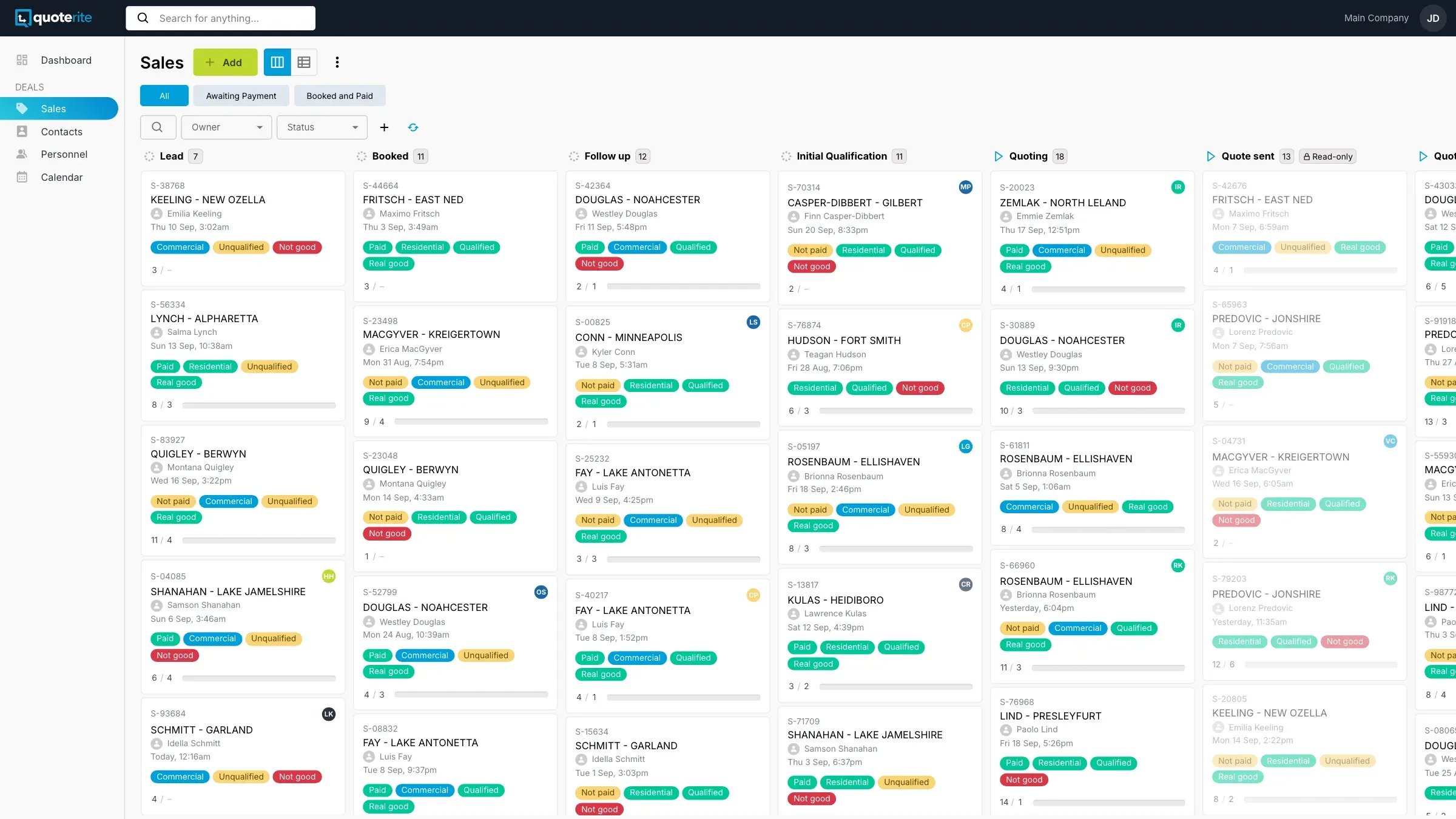 Quoterite Retail — Sales pipeline kanban with deal cards in Lead, Booked, Follow up, Initial Qualification and Quoting columns